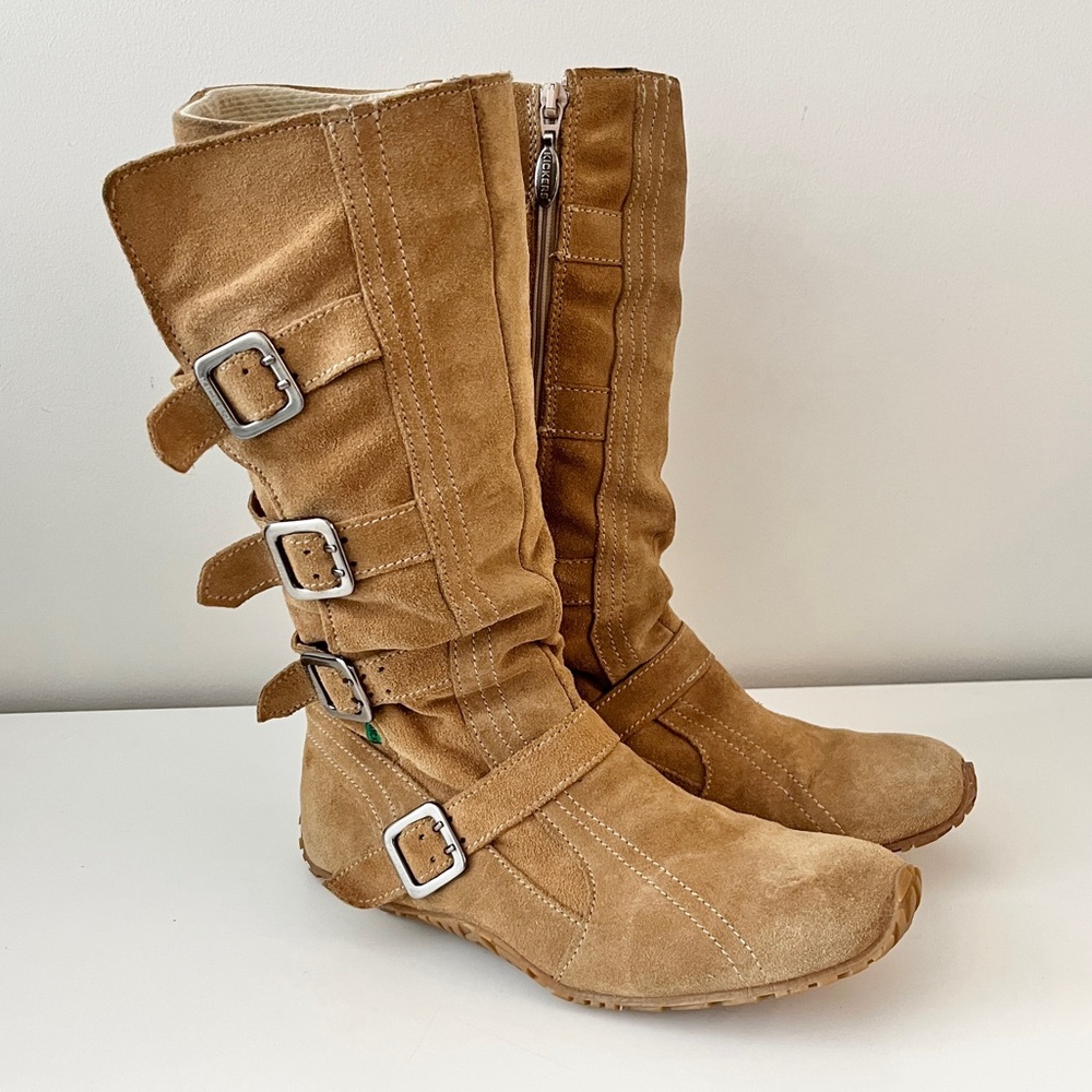 Kickers Tan Suede Leather Mid-Calf Boots - Adjustable & Comfort-Designed - EU 39